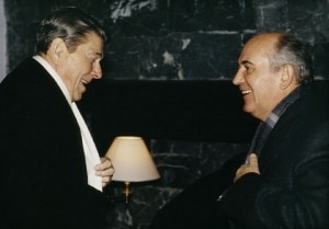 U.S. President Reagan and Soviet President Gorbachev after their first meeting in Geneva, 1985