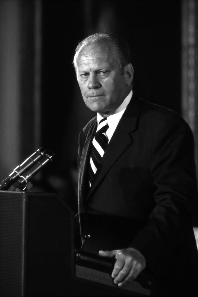 WASHINGTON, D.C. -- AUG 9:  A somber President Gerald R.  Ford addresses the nation from the East Room in the White House shortly after being sworn in as the nation's 38th Chief Executive after the resignation of Richard Nixon, August 9, 1974.   (Photo by David Hume Kennerly/Getty Images)