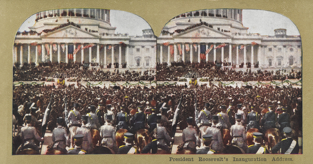 1905. Colorized stereo images of Teddy Roosevelt inaugural at US Capitol (LOC)