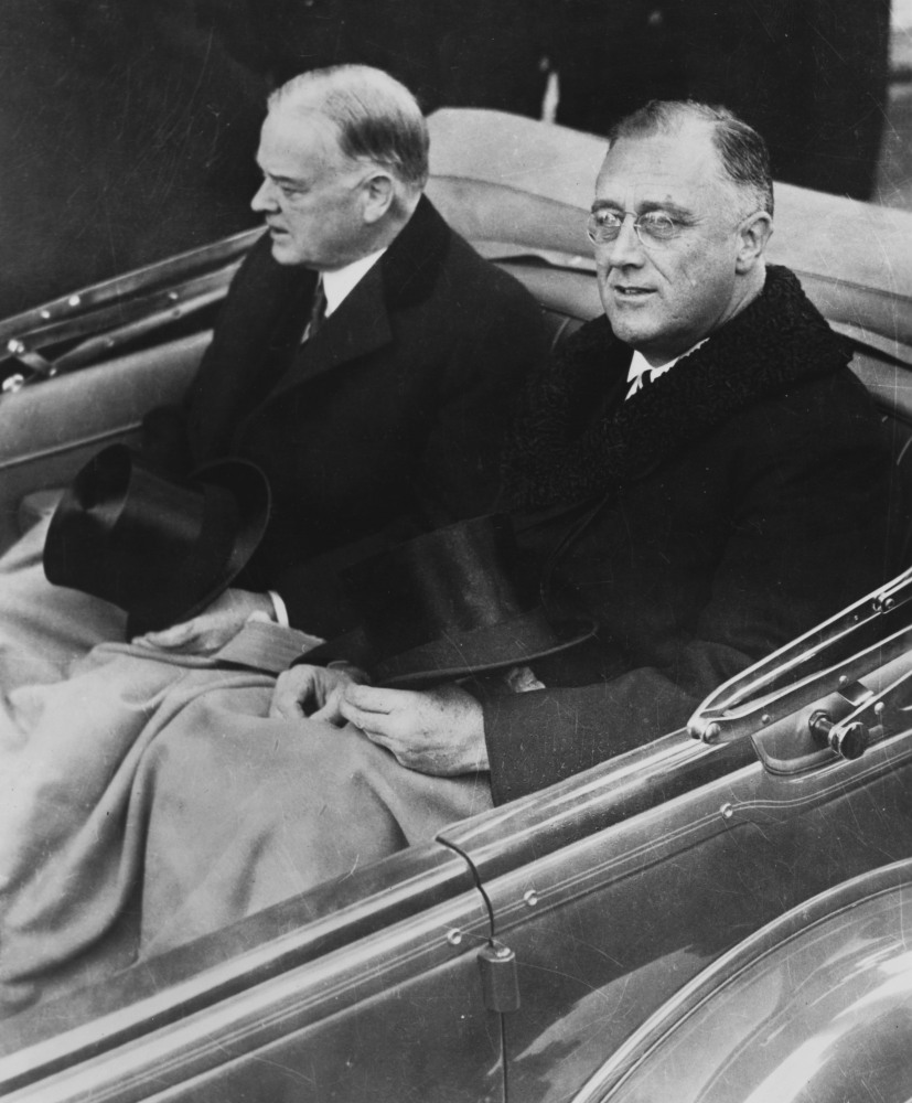 1933. Pres. Hoover and Pres-elect FDR did not speak to each on the way to the inauguration (LOC)