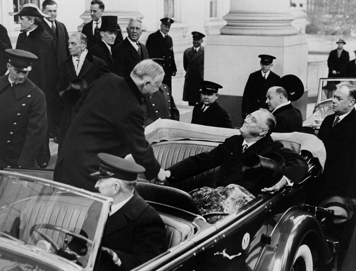 1933. Pres Hoover greets Pres-elect FDR before ride to Capitol, even though the two didn't like each other (LOC)