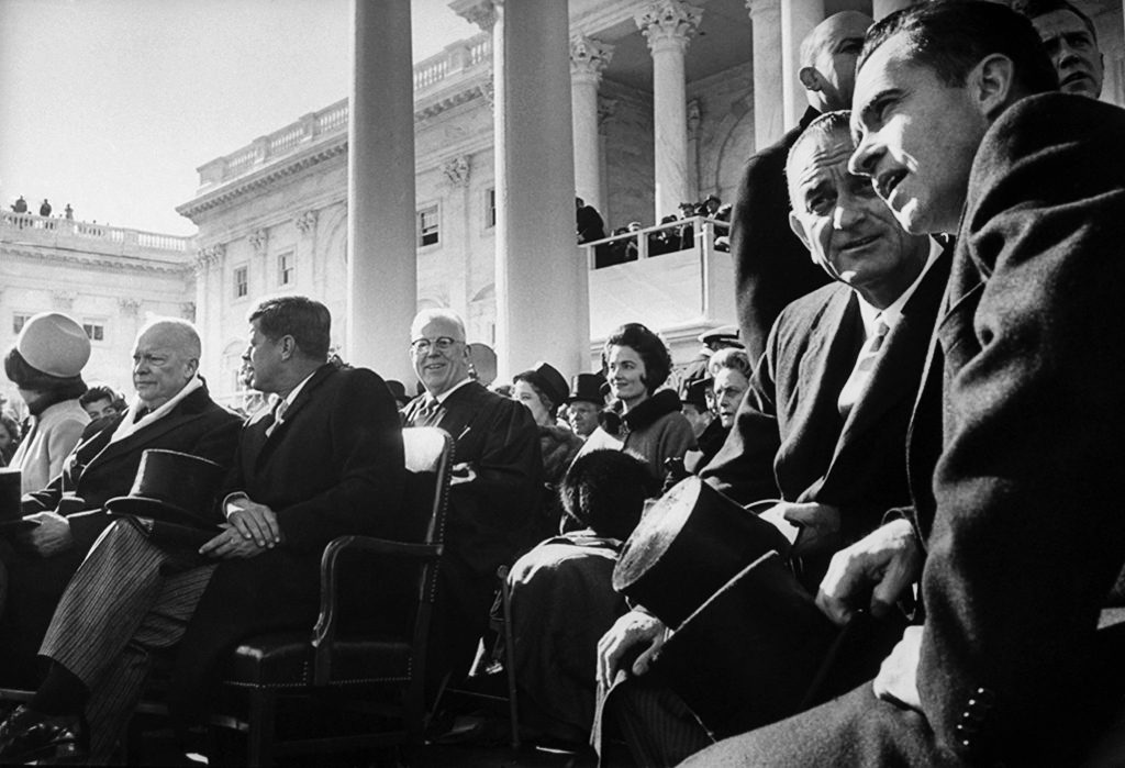 1961. JFK Inauguration, with Ike, LBJ, and Nixon. (LOC)