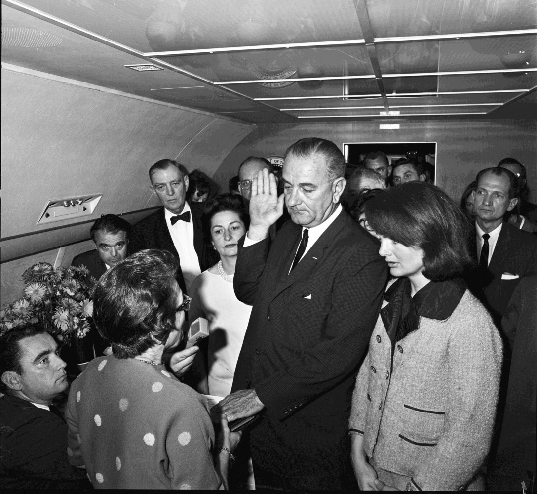1963, LBJ sworn in as Pres. after JFK's assassination, at LBJ Library, by Cecil Stoughton