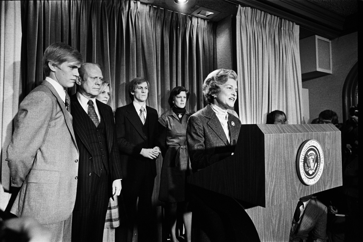 1976. First Lady Betty Ford reads concession speech in Press Room (DHK Photo)