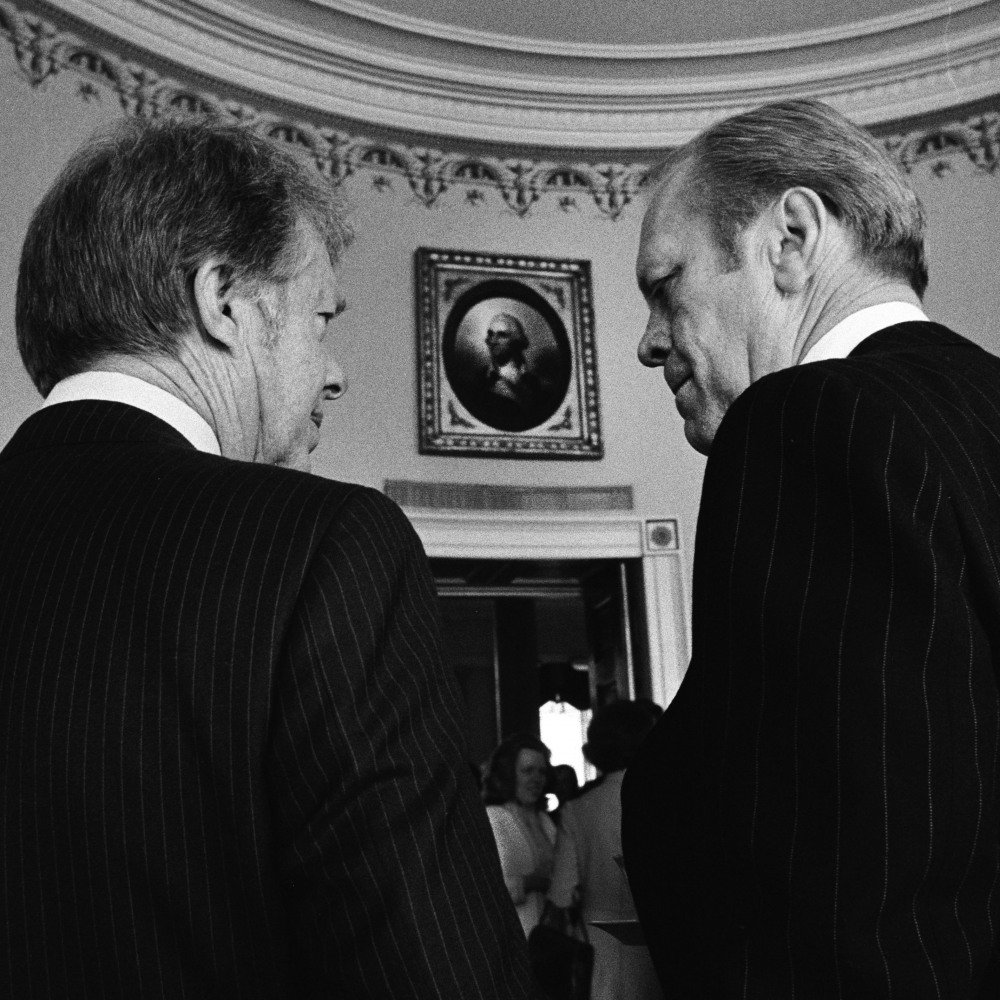1977. Pres Ford and Pres-elect Carter at White House before riding to Capitol (DHK Photo)