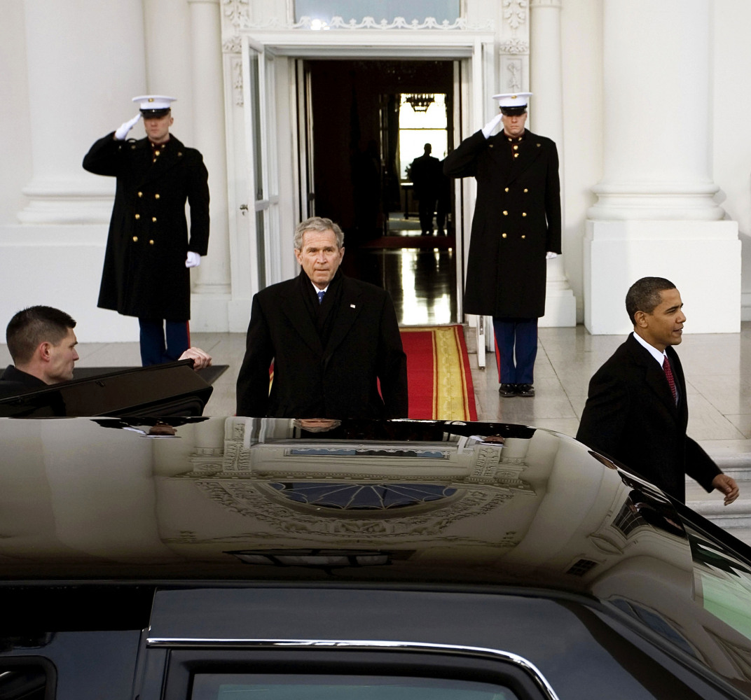 2009. Pres George W Bush leaves White House for the last time with Pres-elect Obama (DHK Photo)