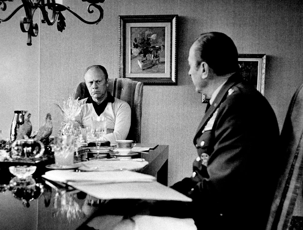 PALM SPRINGS -- APR 5:  An unhappy U.S. President Gerald R. Ford meets with Army Chief of Staff Gen. Frederick Weyand after his return from a fact finding mission to South Vietnam that was being attacked by the advancing North Vietnamese army. Weyand briefed the president on his trip in Palm Springs, California, April 5, 1975. (Photo by David Hume Kennerly/GettyImages)