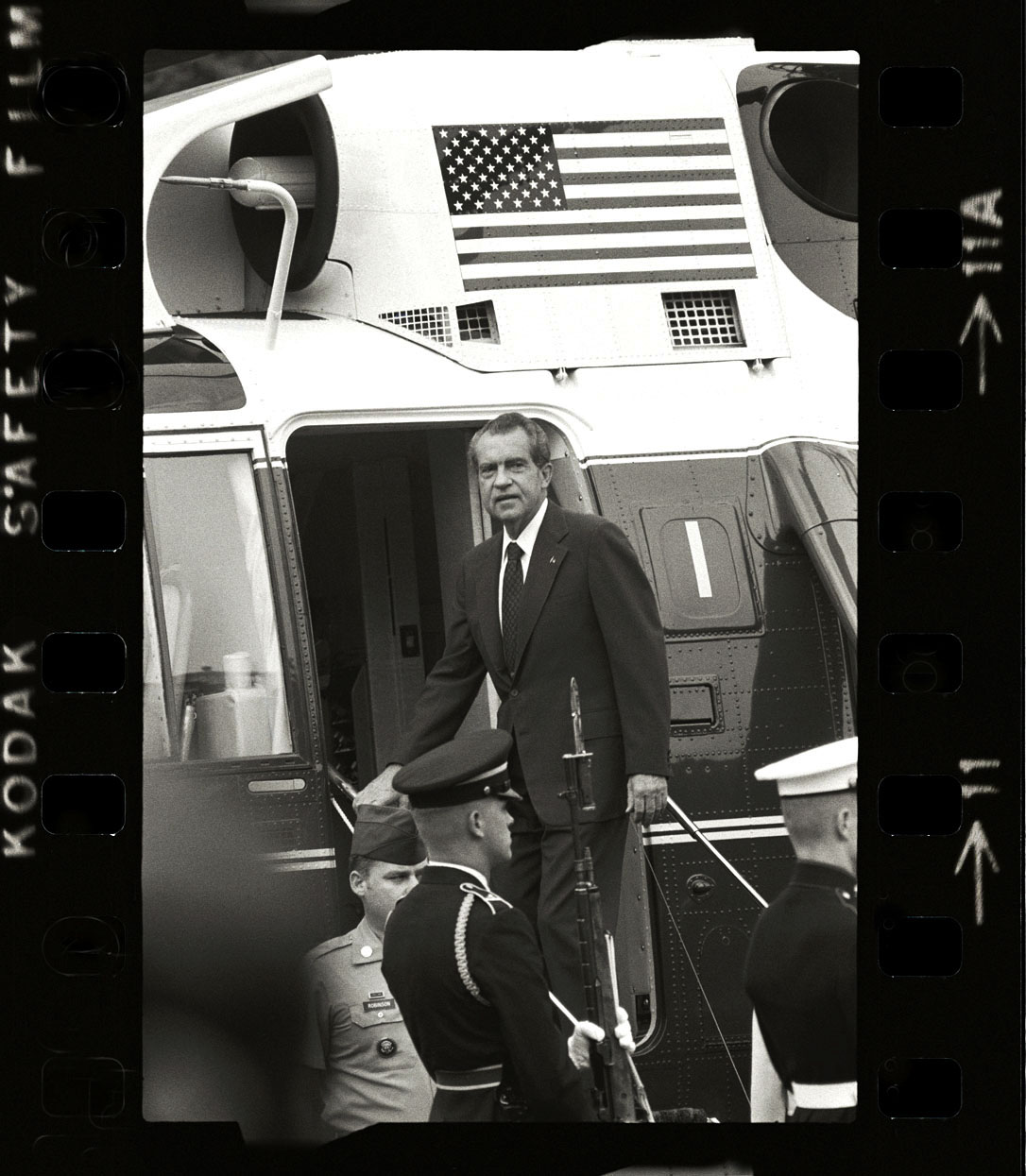 WASHINGTON - AUGUST 9:  President Richard Nixon waves goodbye as he boards a helicopter to leave from the South Lawn of the White House after resigning the presidency,  August 9, 1974, in Washington, DC. In the first and last frames of this contact sheet Vice President Gerald R. Ford and Mrs. Ford say good bye.  Ford was sworn in as president minutes later. (Photo by David Hume Kennerly)