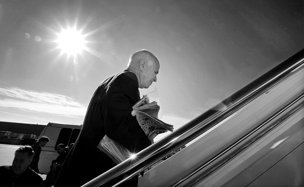 WASHINGTON -- FEB 3:  Presidential candidate Senator John McCain boards his plane at Dulles Airport, Washington, DC, February 3, 2008, as he heads off for another day of campaining before Super Tuesday.  (David Hume Kennerly/GettyImages)