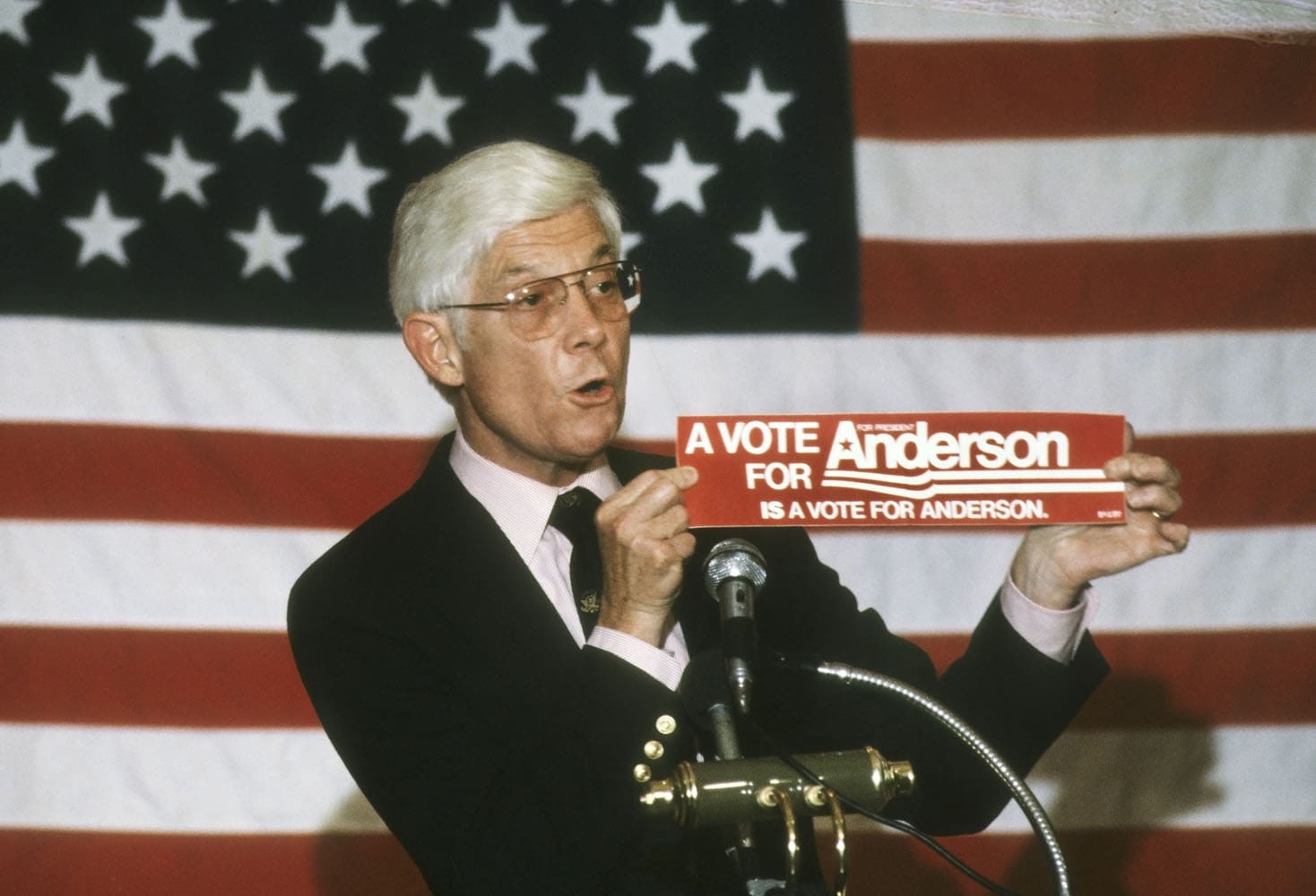 Independent Presidential candidate John Anderson on the campaign trail, Miami, Florida, October 1980. Anderson won about seven percent of the votes in an election where Gov. Ronald Reagan beat President Jimmy Carter.