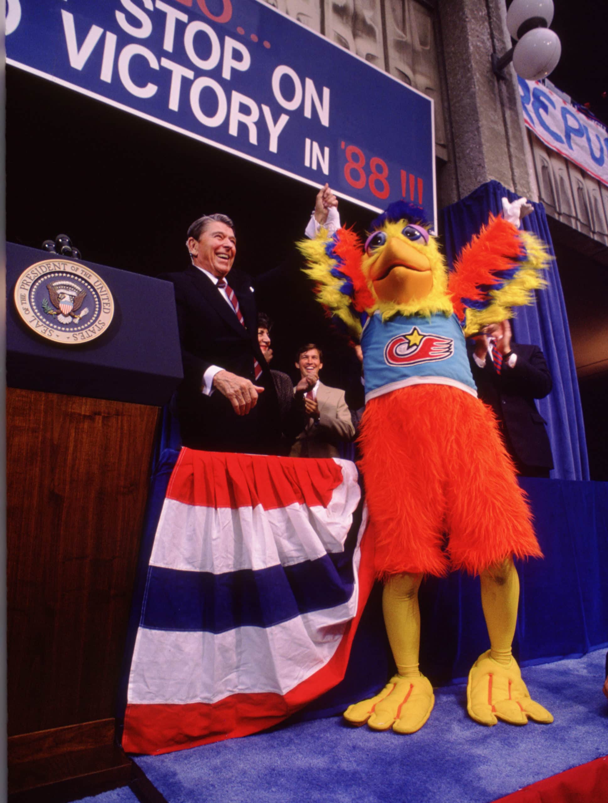 President Ronald Reagan campaigns for his Vice President George Bush at a rally that featured the San Diego Chicken, San Diego, California, November 7, 1988.