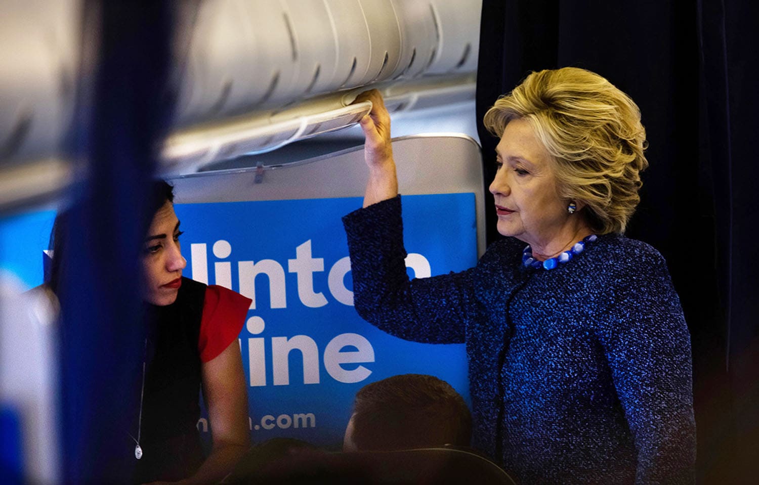 Hillary Clinton and Huma Abedin on the campaign plane in Iowa, Oct. 28, 2016