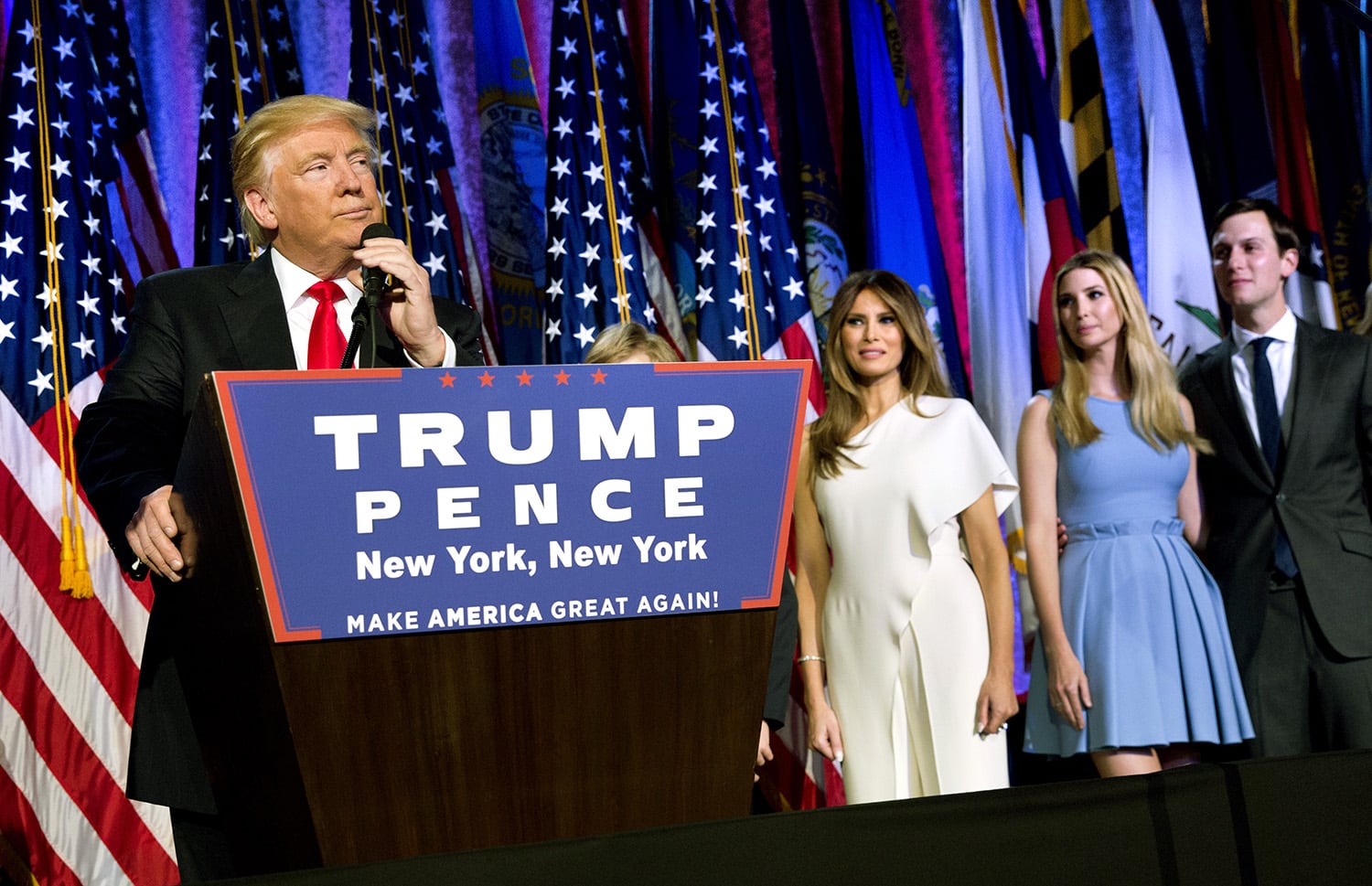 President-elect Donald J. Trump, wife Melania, daughter Ivanka, and son-in-law Jared Kushner, in the Hilton Ballroom after winning the election, New York City, Nov. 9, 2016