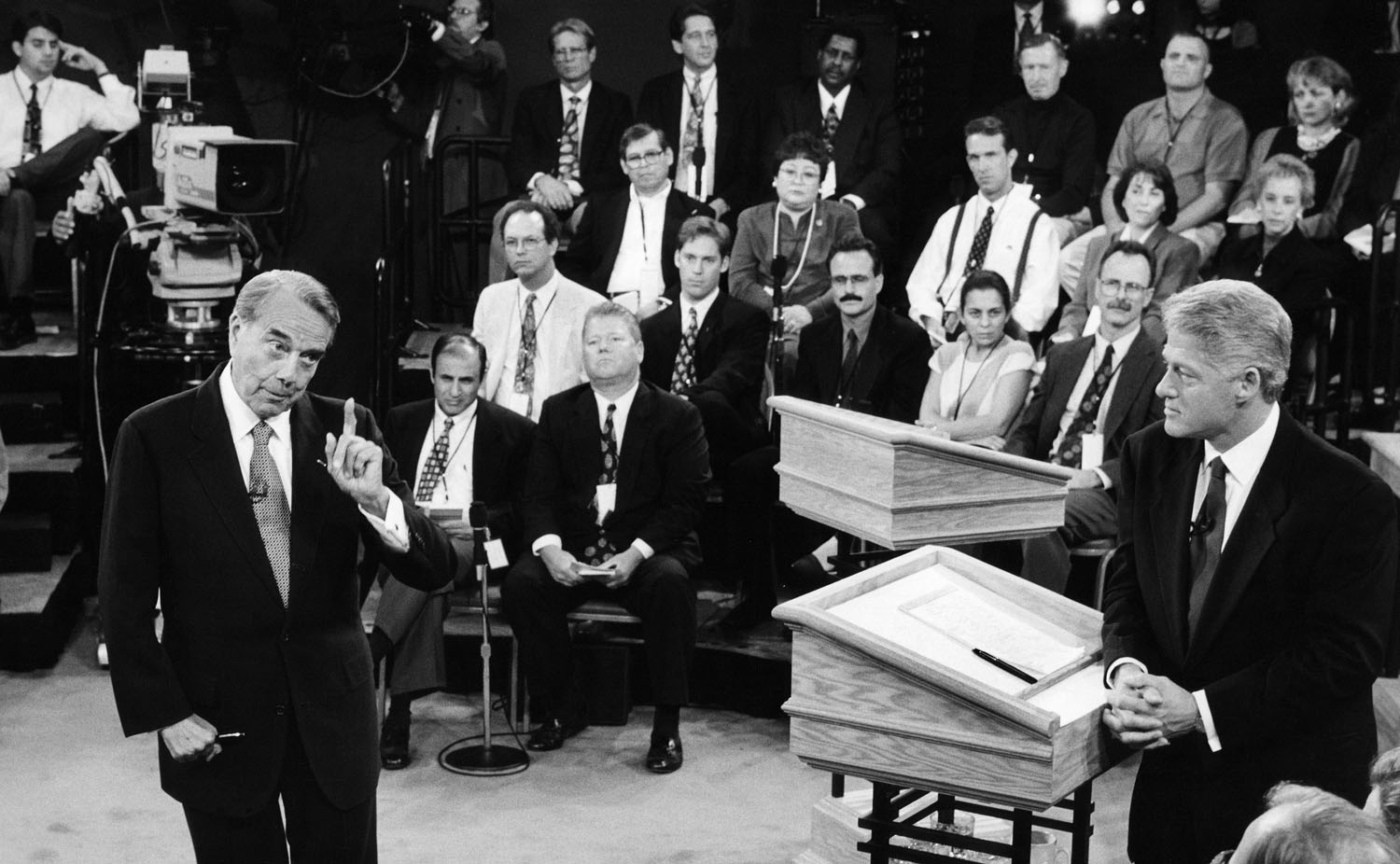President Bill Clinton and contender Sen. Bob Dole have at it during their 2nd debate at the University of San Diego, San Diego, California, October 16, 1996.