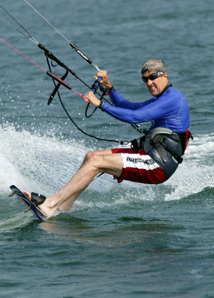 Democratic Presidential Candidate John Kerry kite sails July 20, 2004 in the water off of Nantucket, MA. This event was used against him in Bush campaign ads.