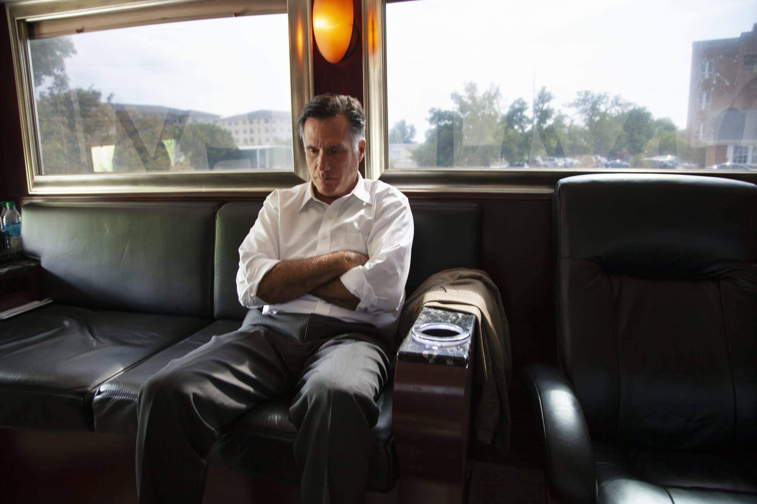 Republican Presidential candidate Mitt Romney in a pensive moment aboard his campaign bus in Ashland, Virginia, August 11, 2012.