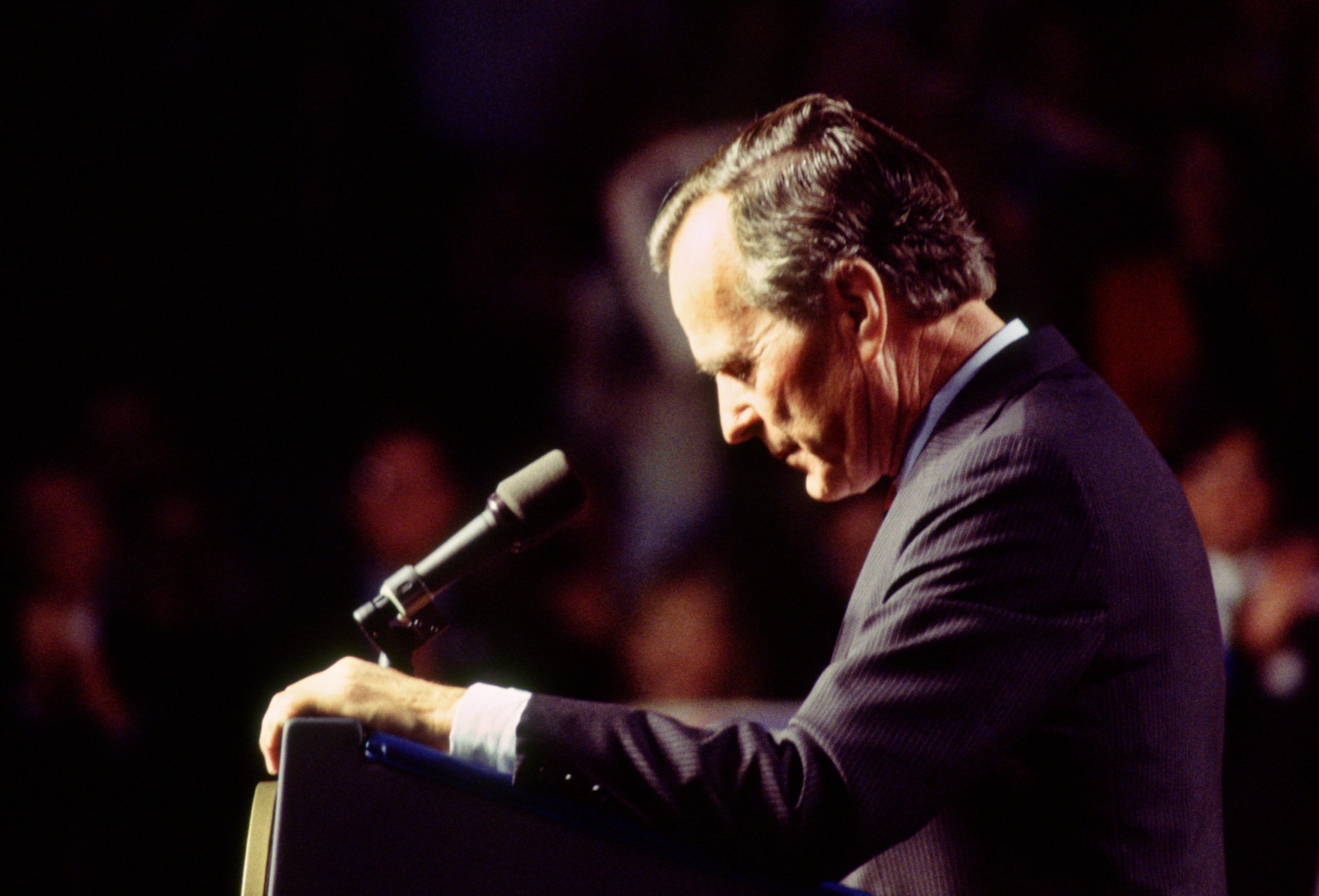 President George Bush delivers his concession speech on election night November 3, 1992 in Houston, Texas. The President addressed his supporters after election returns indicated that Arkansas Governor Bill Clinton had won the race.