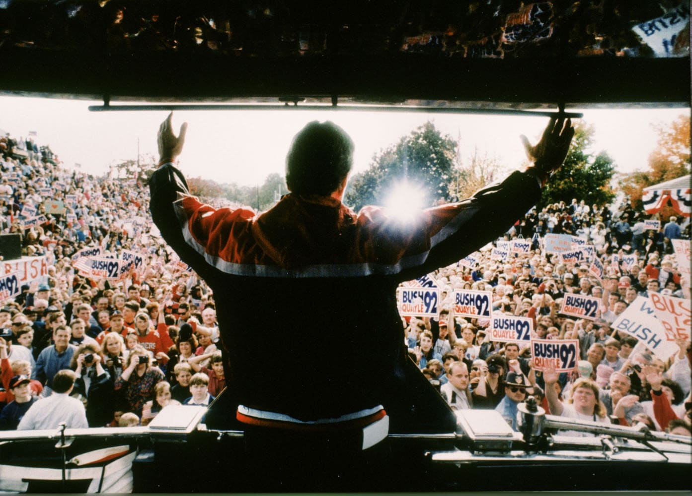 President George H.W. Bush addresses his supporters during his campaign whistle stop tour on October 20, 1992 in Norcross, Georgia.
