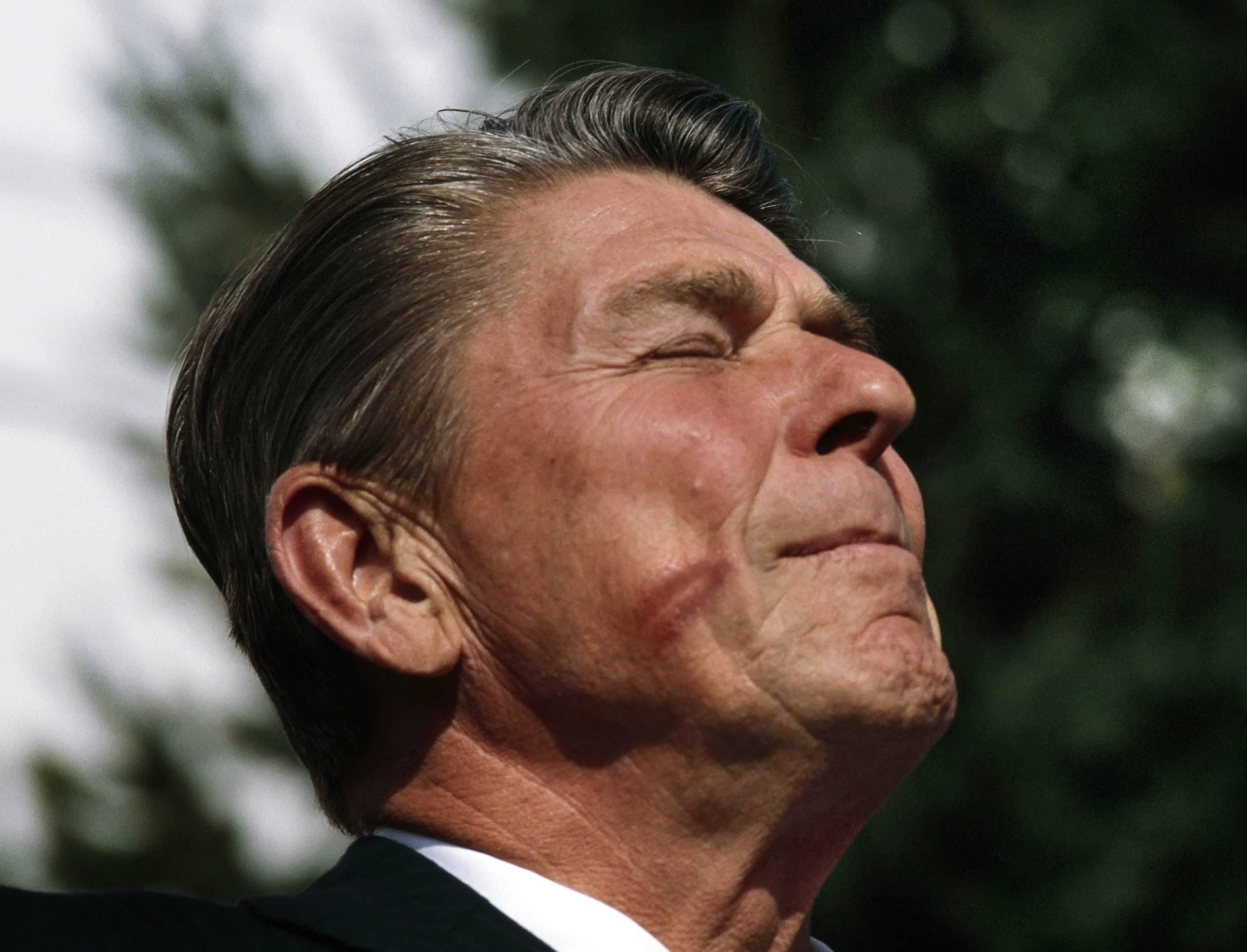 President Ronald Reagan with lipstick on his cheek during a 1984 campaign appearance.