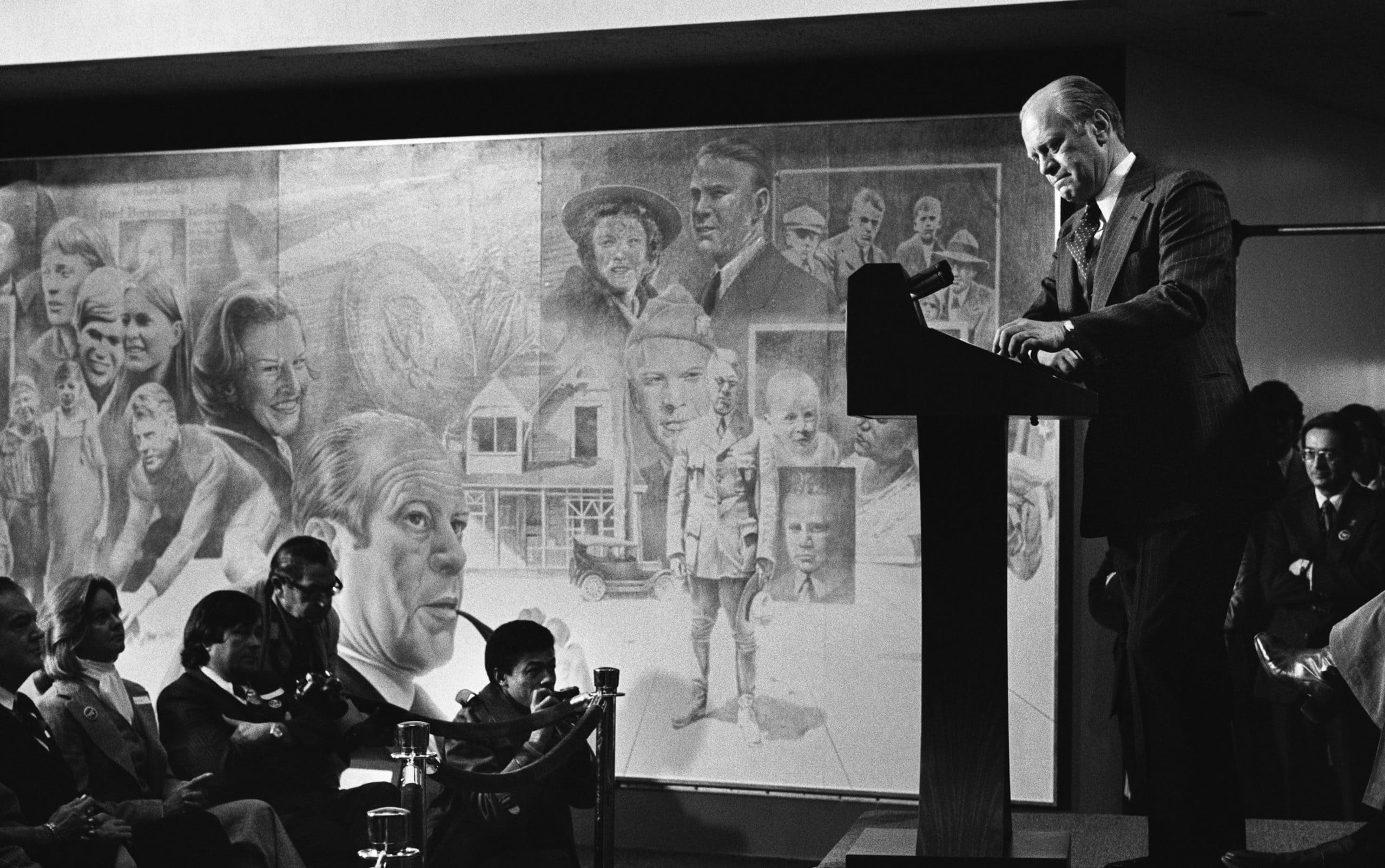 GRAND RAPIDS, MI.  -  NOVEMBER 2: (NO U.S. TABLOID SALES) Exhausted from the grueling campaign, President Ford talks about his life at the dedication of a mural honoring him and his family at the airport on election day November 2, 1976 in Grand Rapids, Michigan. (Photo by David Hume Kennerly/ Getty Images)