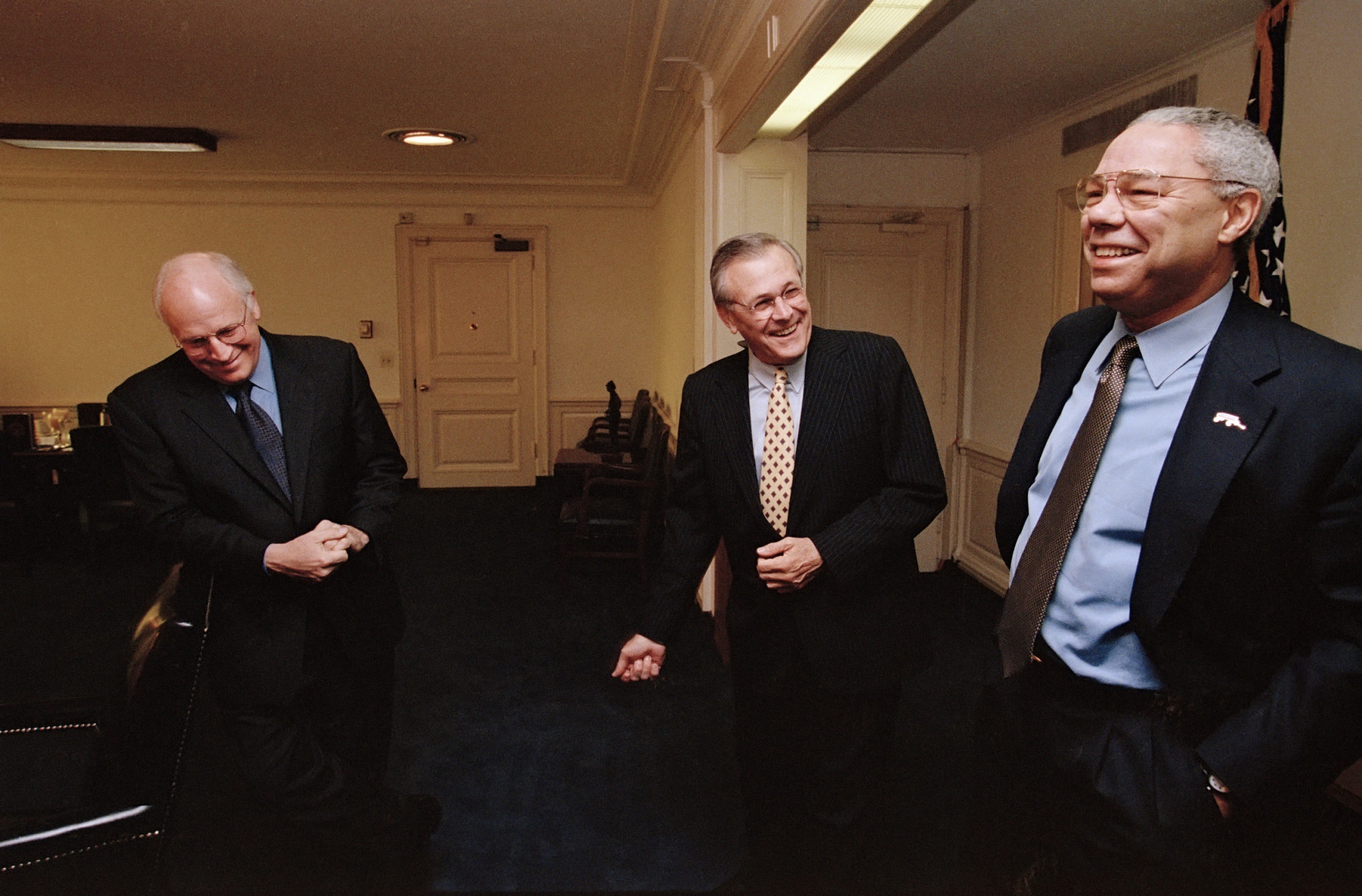 WASHINGTON - APRIL: (L-R) Vice President Dick Cheney, Secretary of Defense Donald Rumsfeld and Secretary of State Colin Powell in Rumsfeld's Pentagon office April 2001 in Washington, D.C. (Photo by David Hume Kennerly/Getty Images)