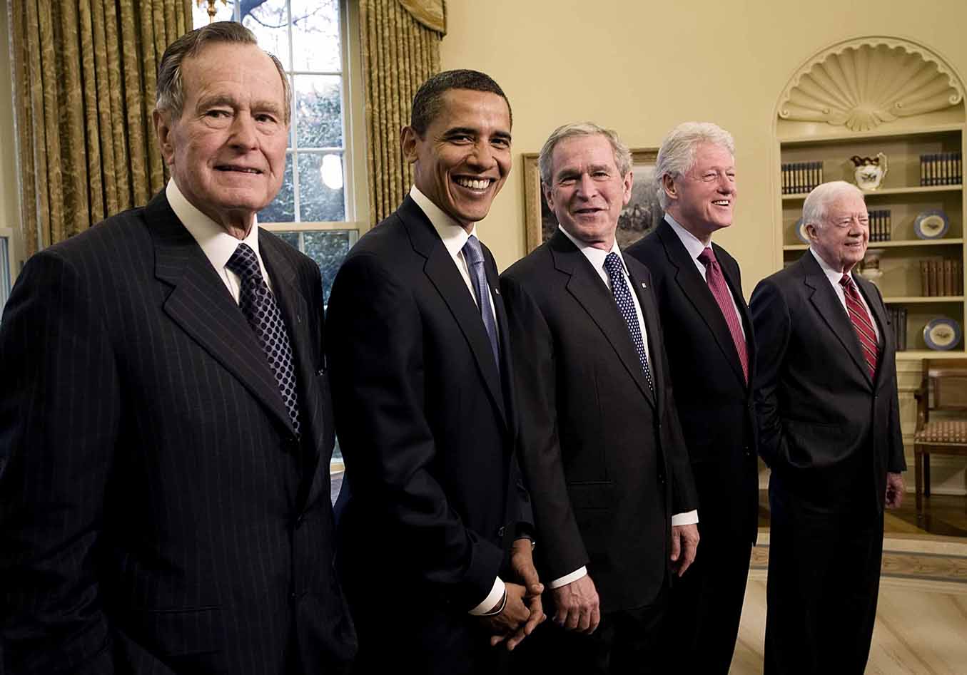 Five Presidents in the Oval Office, 2009. (former President George Bush, President-elect Barack Obama, President George W. Bush, former Presidents Bill Clinton & Jimmy Carter)