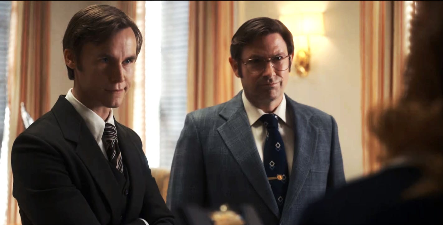 The requisite bad guys. Rhys Wakefield as Dick Cheney and Derek Cecil as Donald Rumsfeld (Showtime)