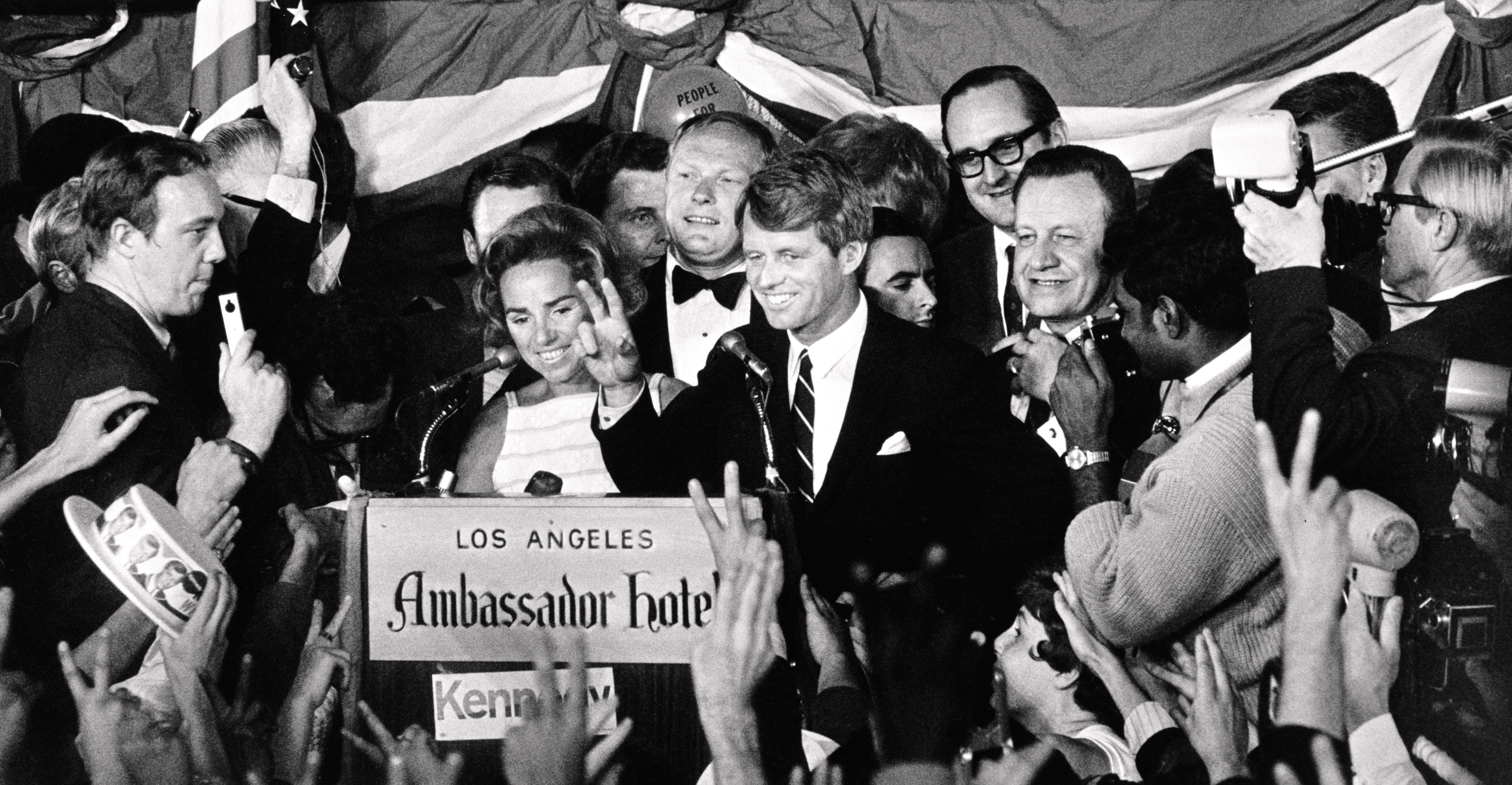 Sen. Robert Kennedy declares victory in California Primary. Minutes later he is shot.