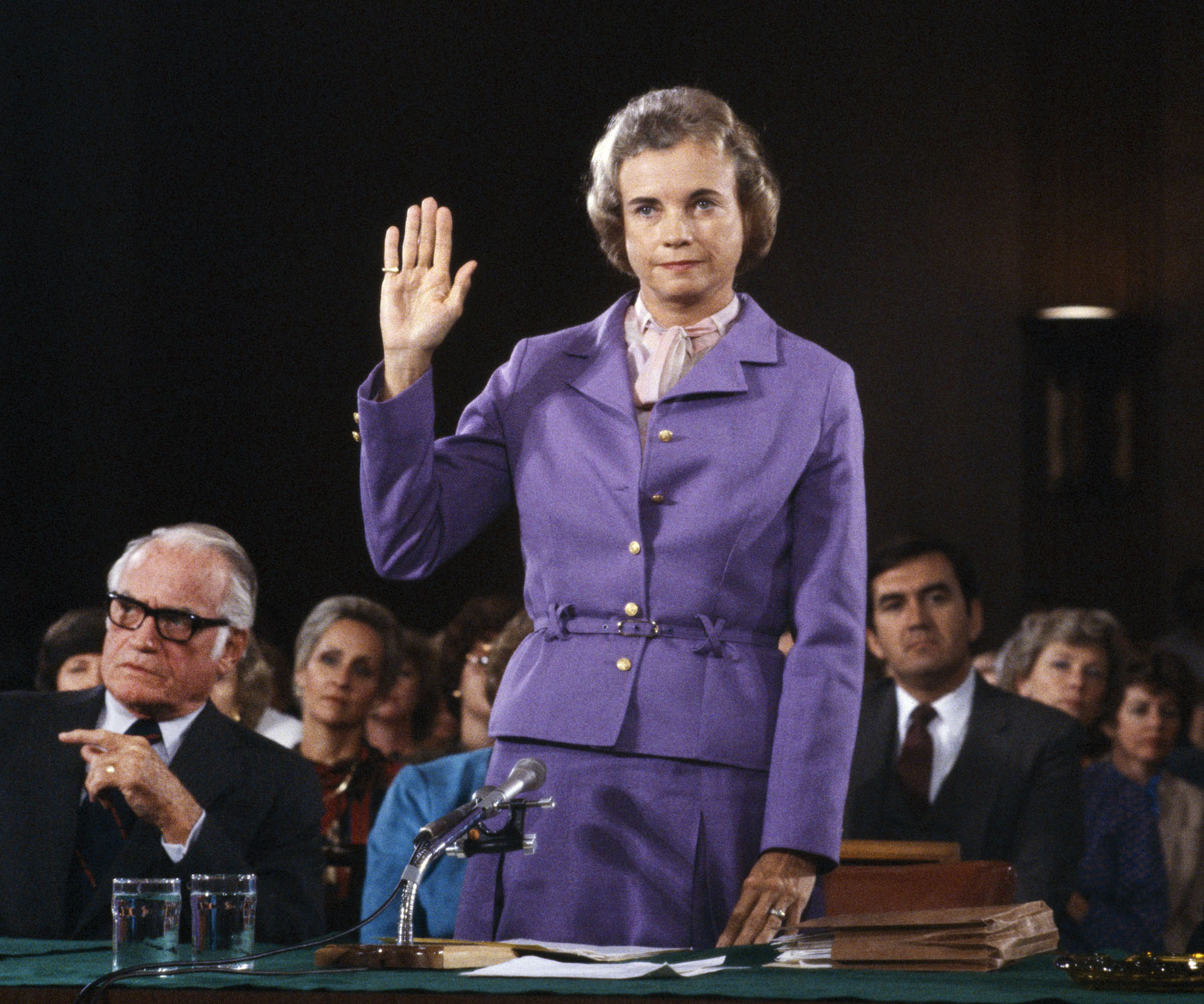 Judge O’Connor sworn in before her testimony to the Senate Judiciary Committee. Sen. Barry Goldwater at left.