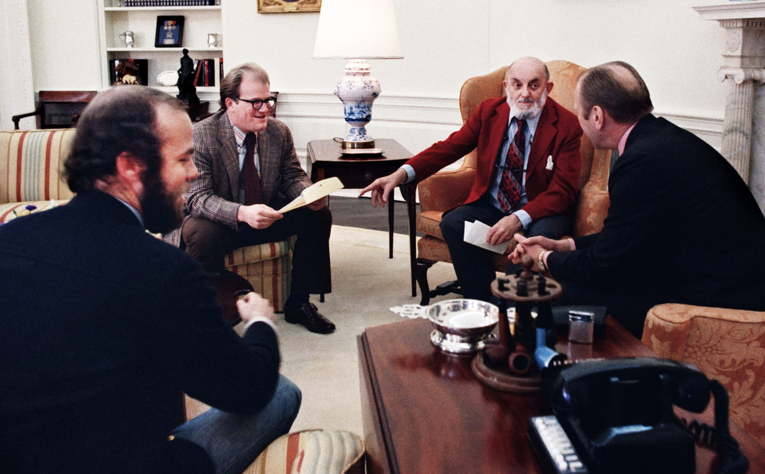 President Gerald R. Ford meets with Ansel Adams, Bill Turnage, and his chief photographer David Kennerly in the Oval Office, 1975.