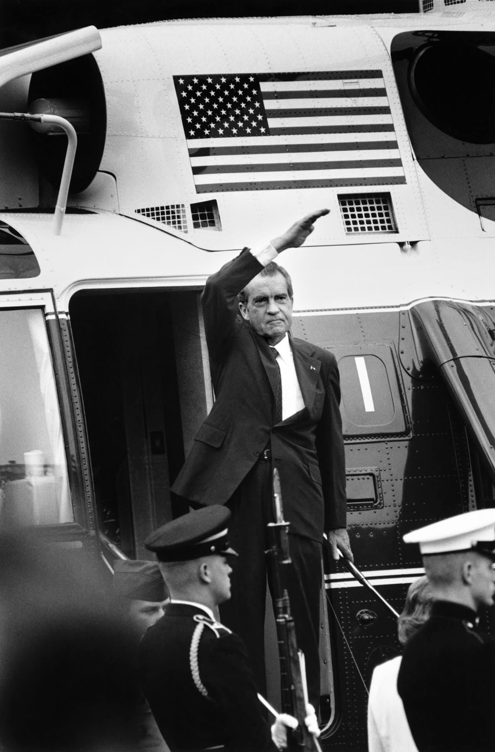 WASHINGTON - AUGUST 9: President Richard Nixon waves goodbye as he leaves the White House for the last time August 9, 1974 in Washington, DC. after resigning the presidency (Photo by David Hume Kennerly/Center for Creative Photography/University of Arizona)