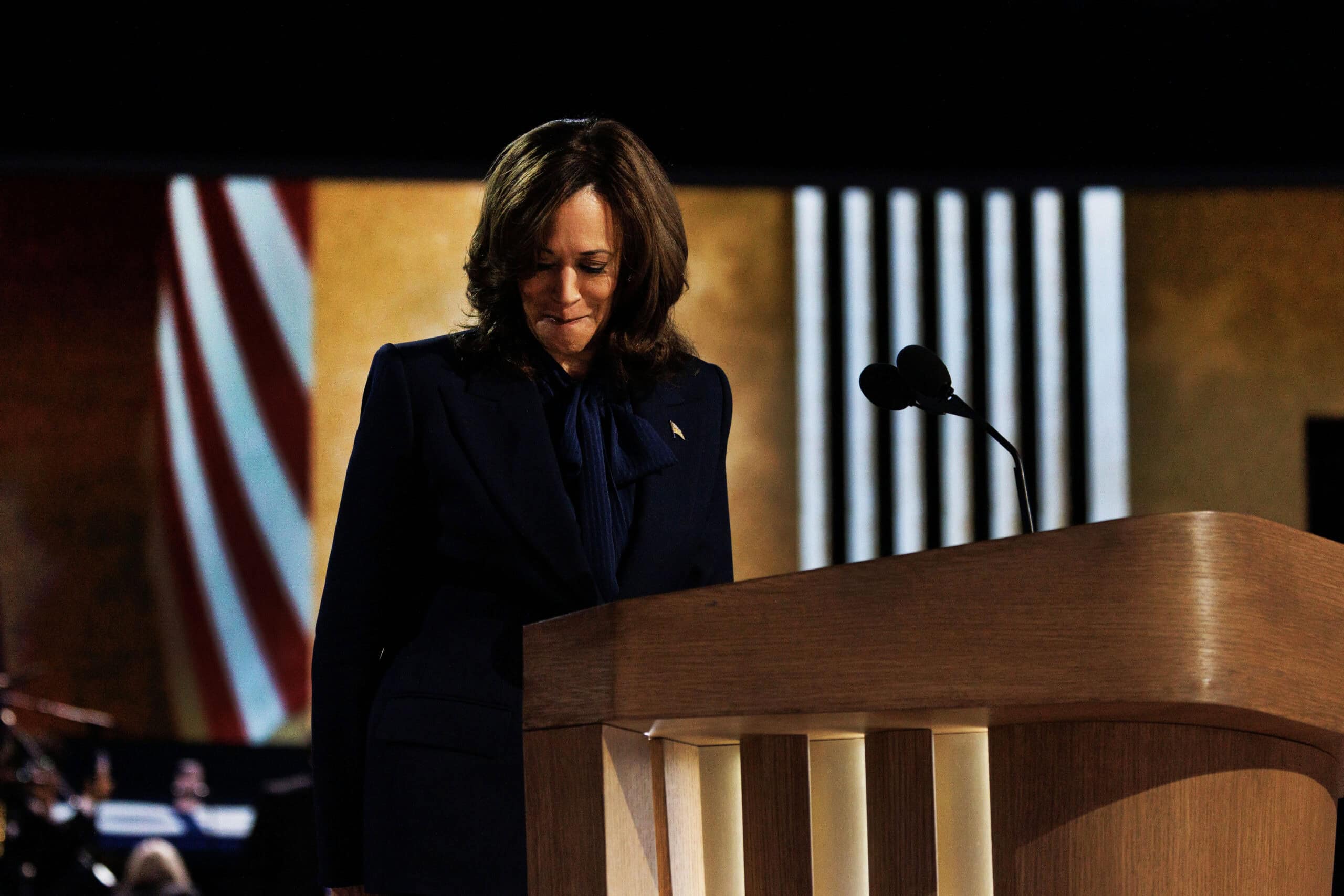 A determined Kamala Harris after finishing her DNC speech