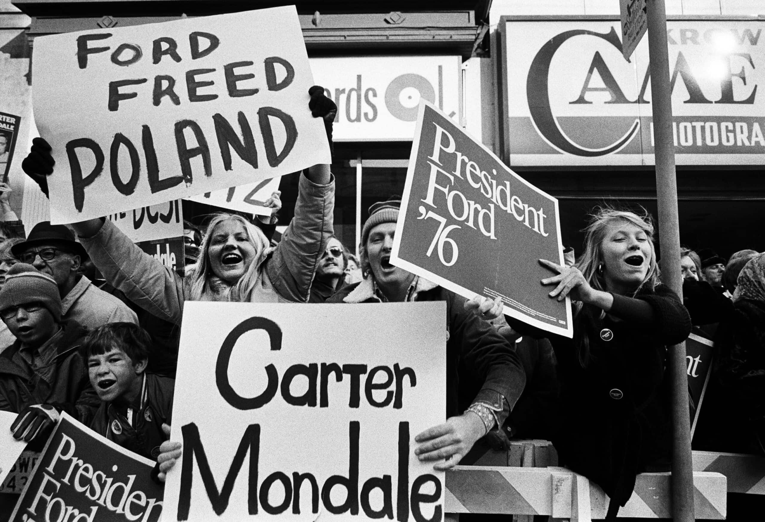 Competing campaign signs, Milwaukee, WI, 1976