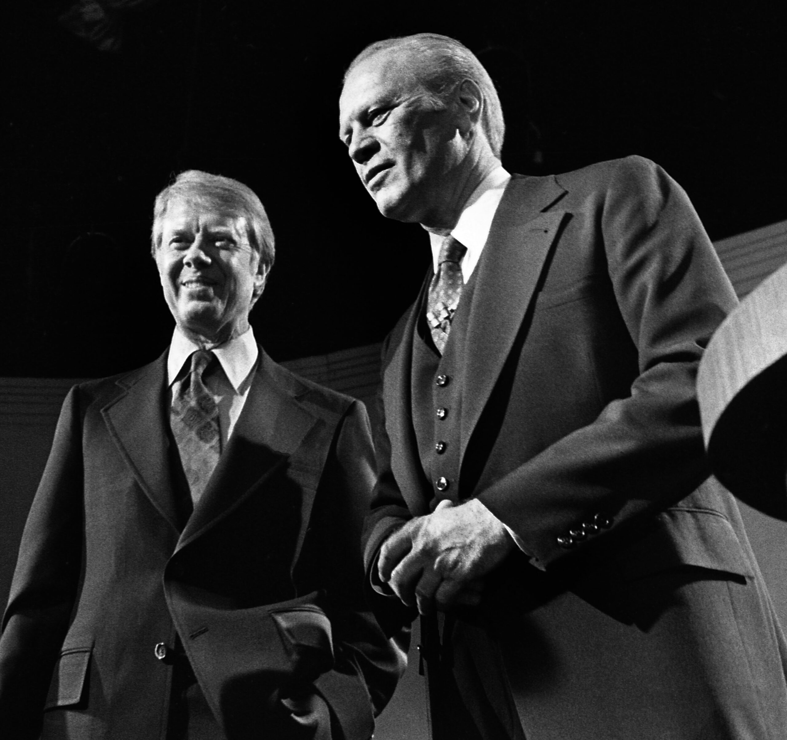 President Ford and Gov. Carter after 1st debate, Philadelphia, 1976