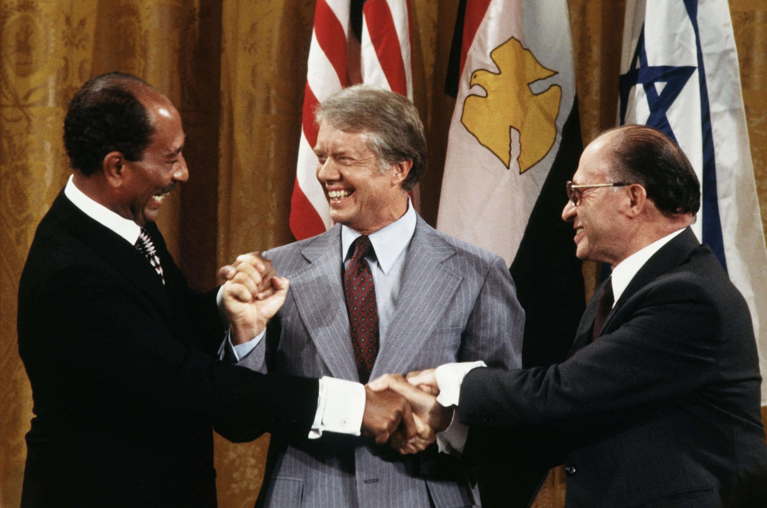 Carter, Sadat, and Begin in the East Room of the White House after agreeing to the Camp David Accords