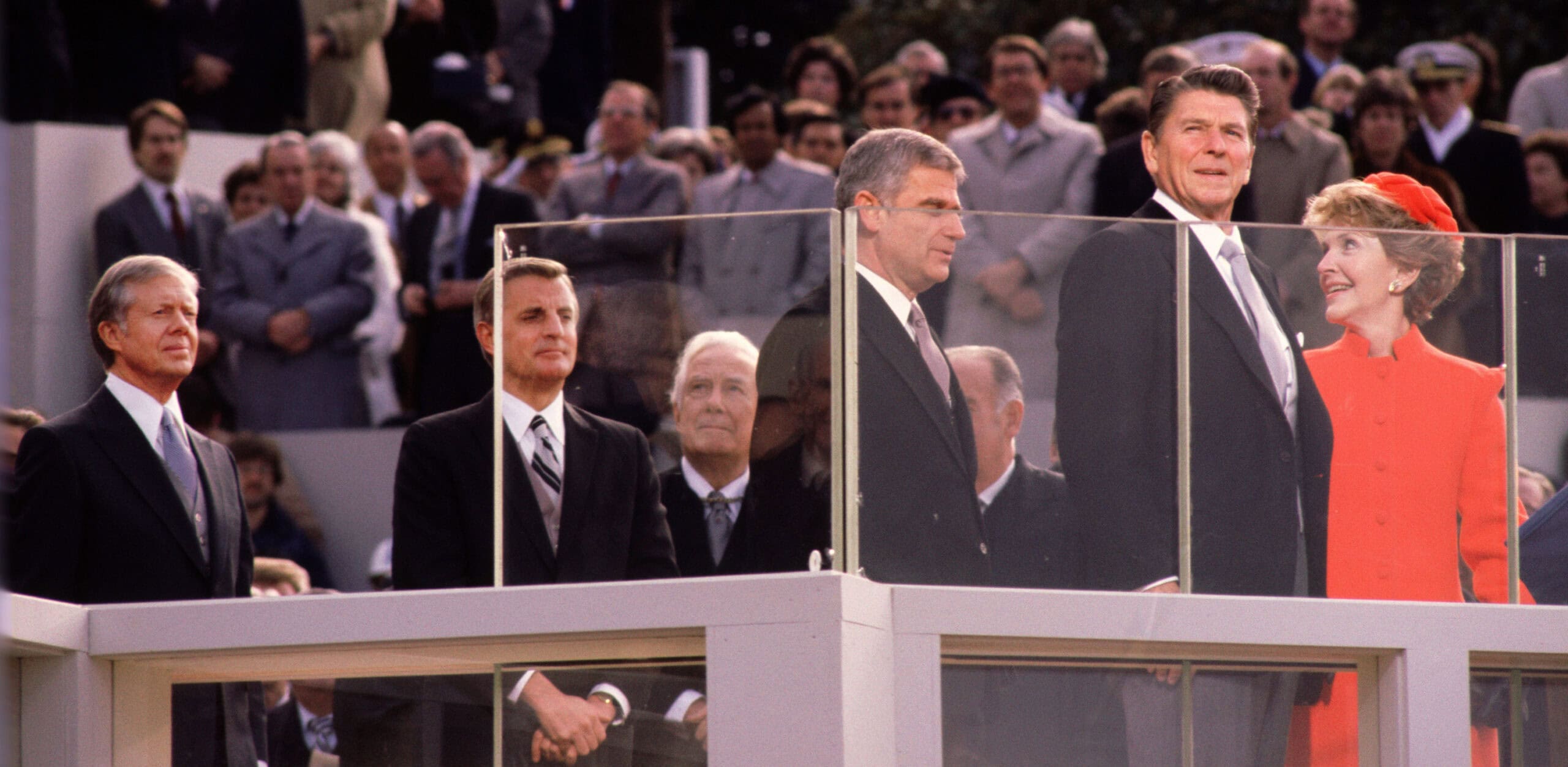 President and Mrs. Reagan, Carter and Mondale, Chief Justice Warren Burger, and Sen. Mark Hatfield at the inauguration