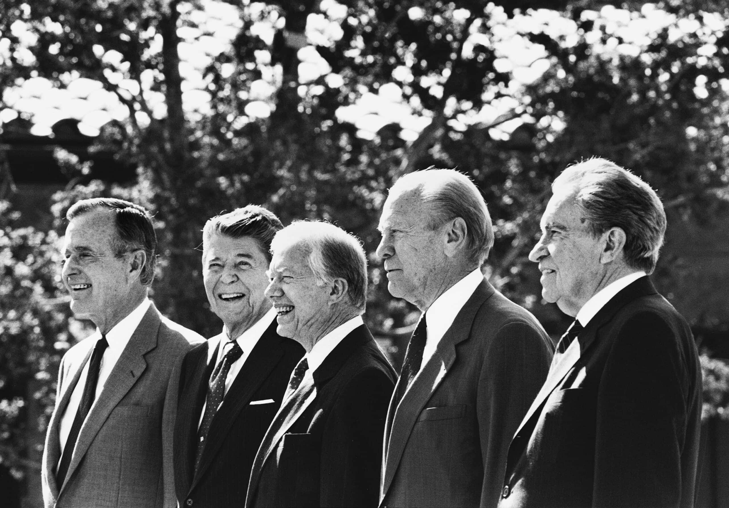 Five presidents at Reagan Library dedication, (L-R) President Bush, former Presidents Reagan, Carter, Ford and Nixon, Nov. 4, 1991