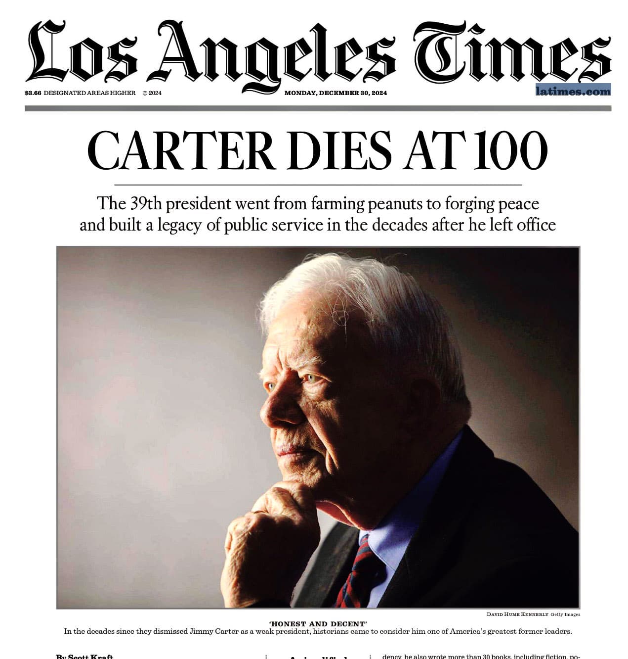 Front page of Los Angeles Times with my portrait of Jimmy Carter taken in 2011 at the Carter Library in Atlanta